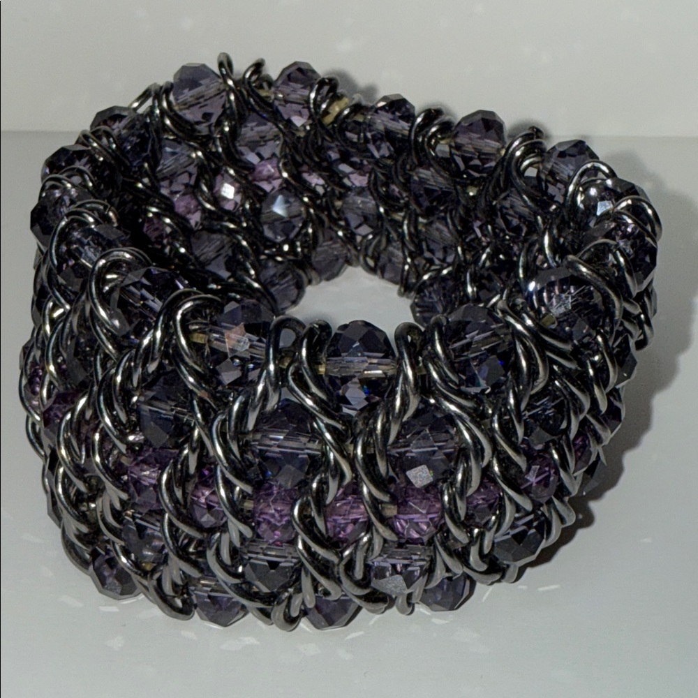 Striking Chunky Purple Black Chain multilayer woven gun metal stretch bracelet